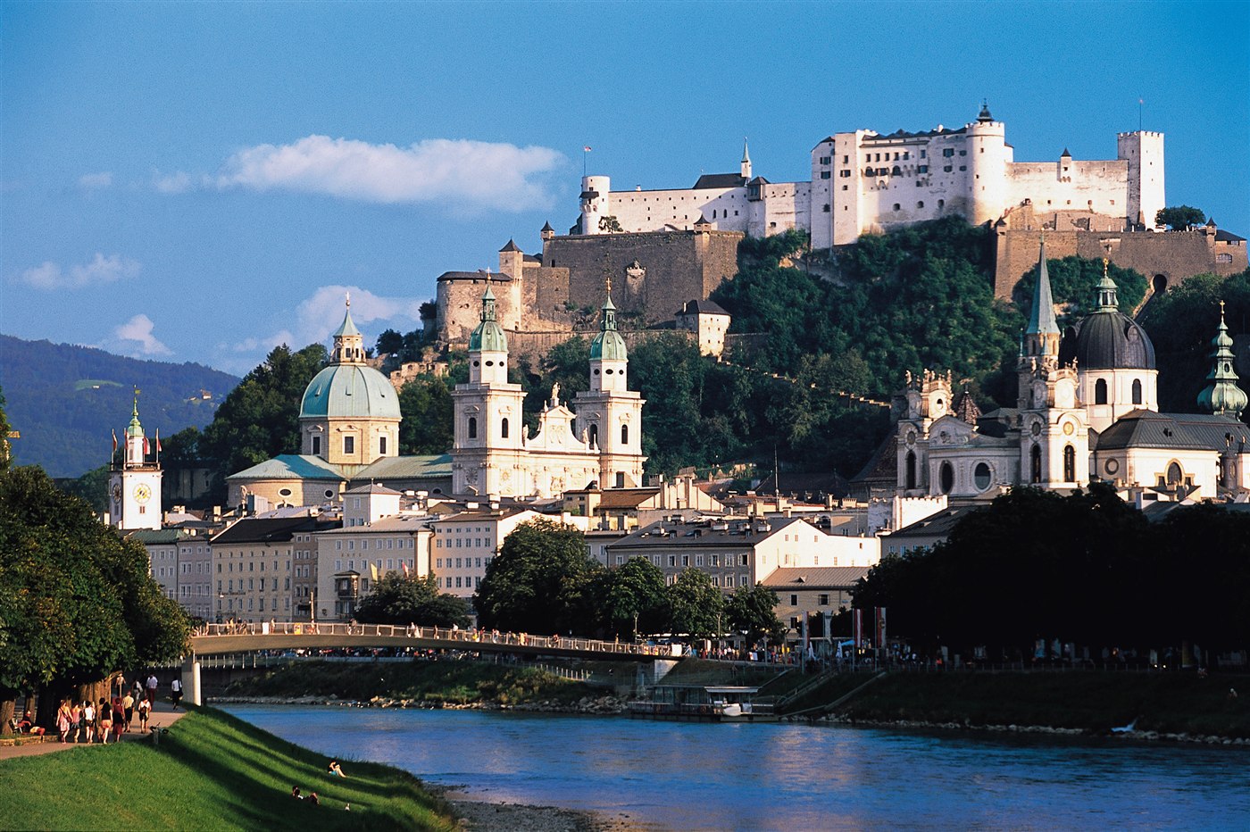 View across the Salzach river towards Salzburg old town and Hohensalzburg Fortress